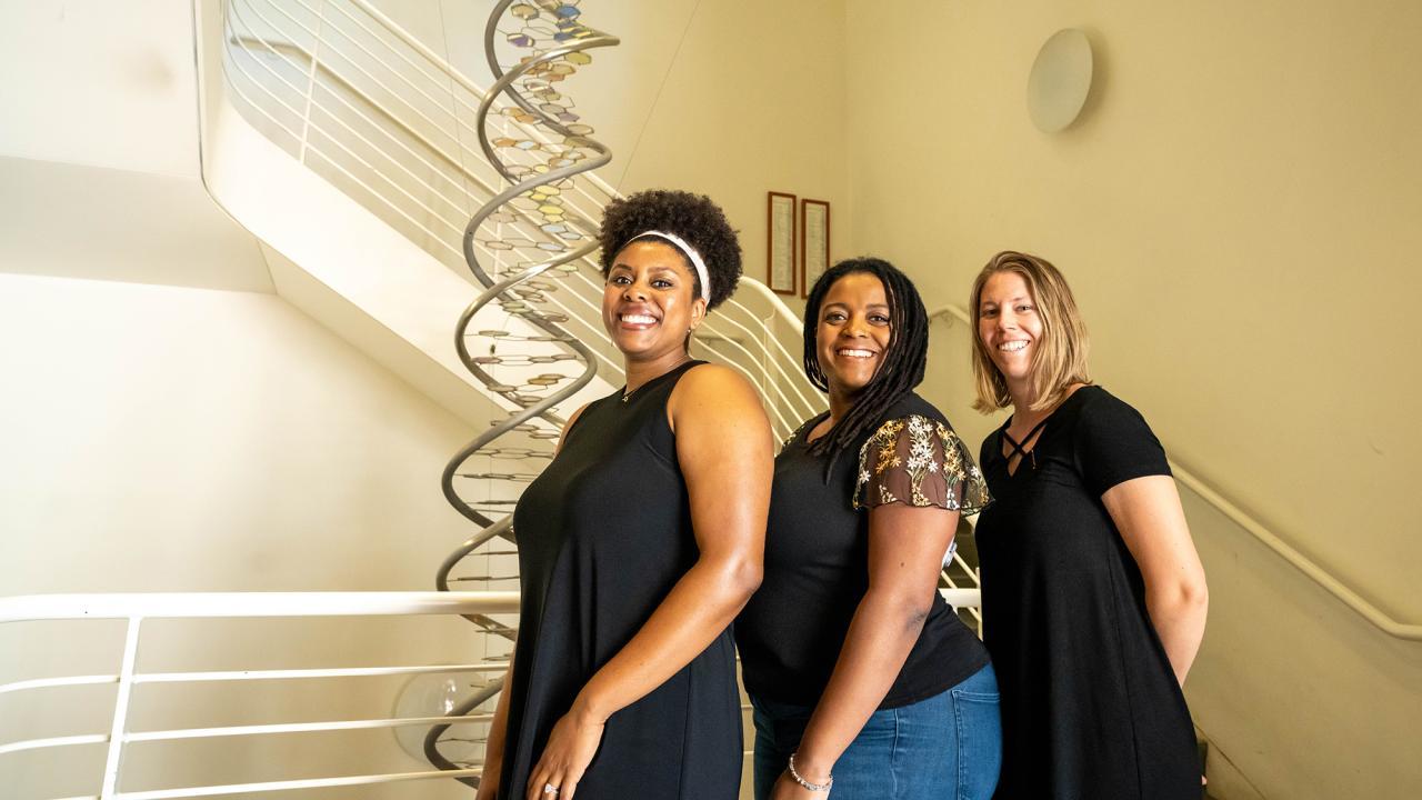 he position of graduate student advisor to the dean on diversity, equity and inclusion was held first by Victoria Watson-Zink (center) who will be succeeded by Alexus Roberts (left) and Elena Suglia (right). (Sasha Bakhter / UC Davis)